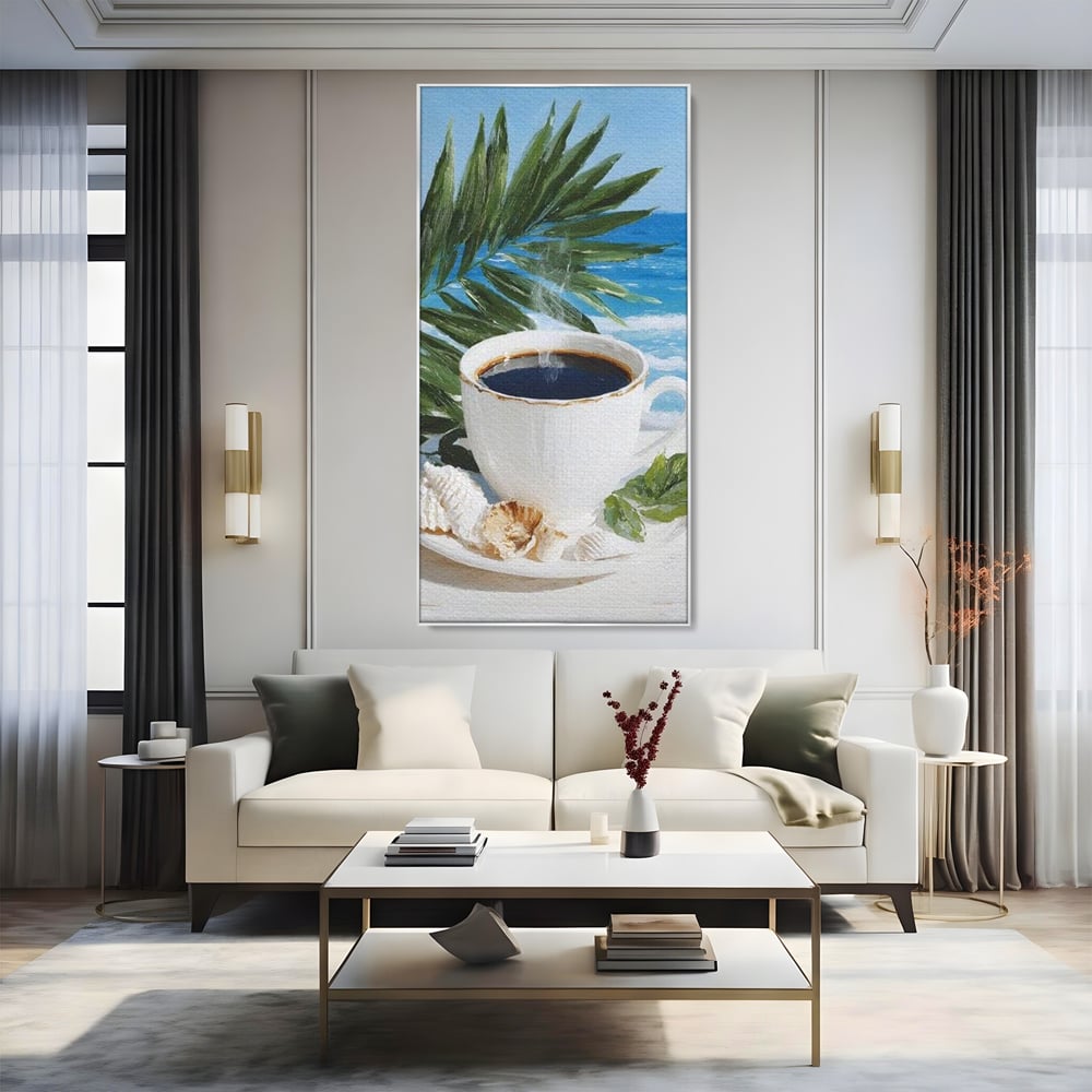 Tablou canvas cu tablou canvas cu ceasca de cafea pe plaja, in rama de aluminiu argintiu, pe perete intr-un living
